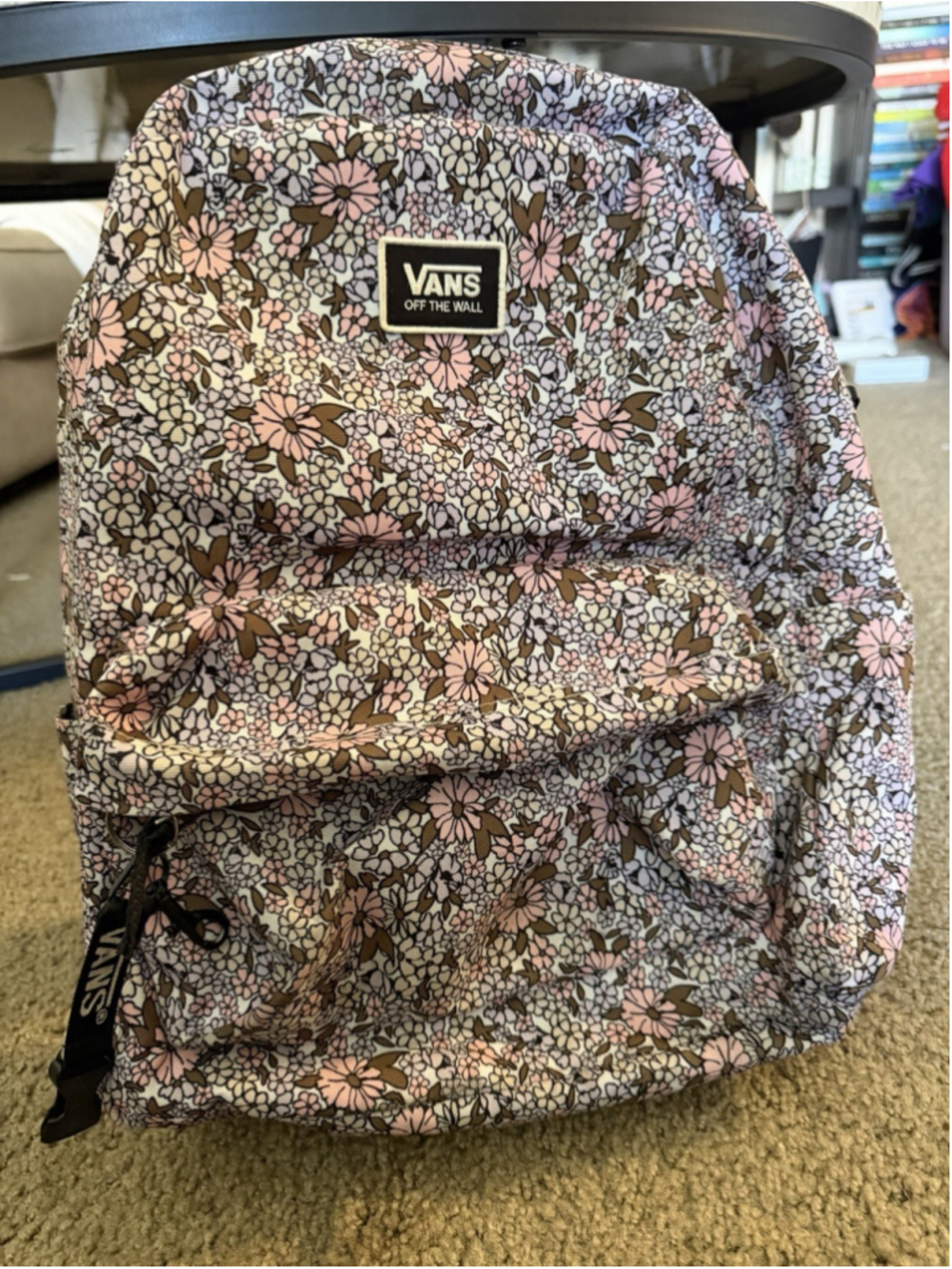 VANS Floral Print Kids Backpack Pink Brown White Canvas Zip Polyester